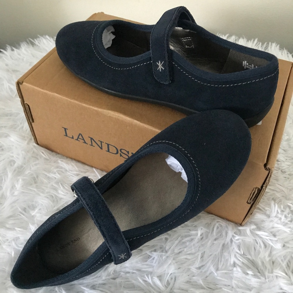 New Navy Blue Suede Mary Janes 5 Youth Lands' End - Picture 5 of 8